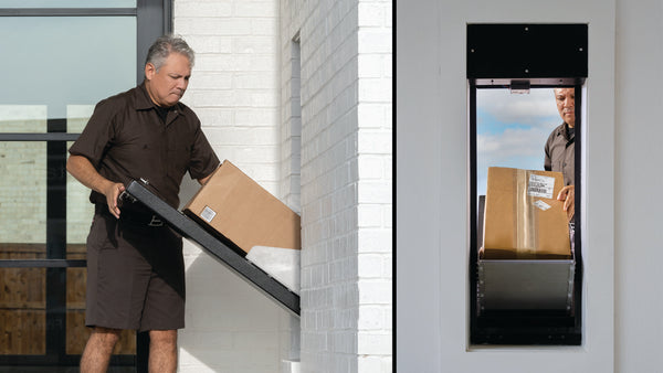 UPS, USPS, FedEx, Amazon Delivery person, delivering parcel using aThrough Wall Drop Box